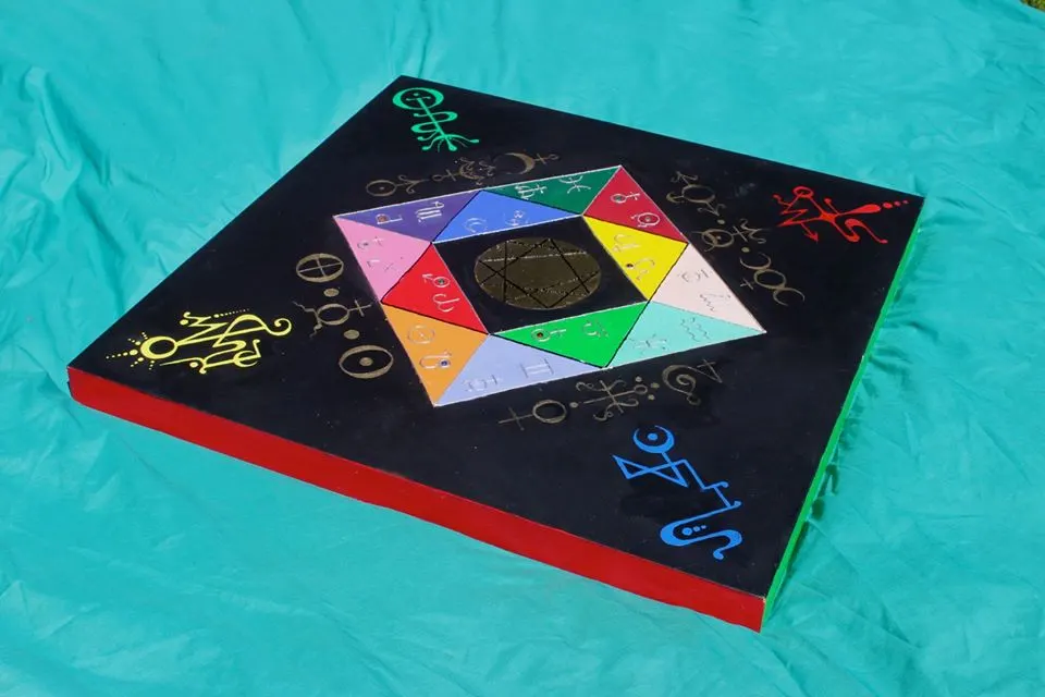 The sigil board on a turquoise cloth